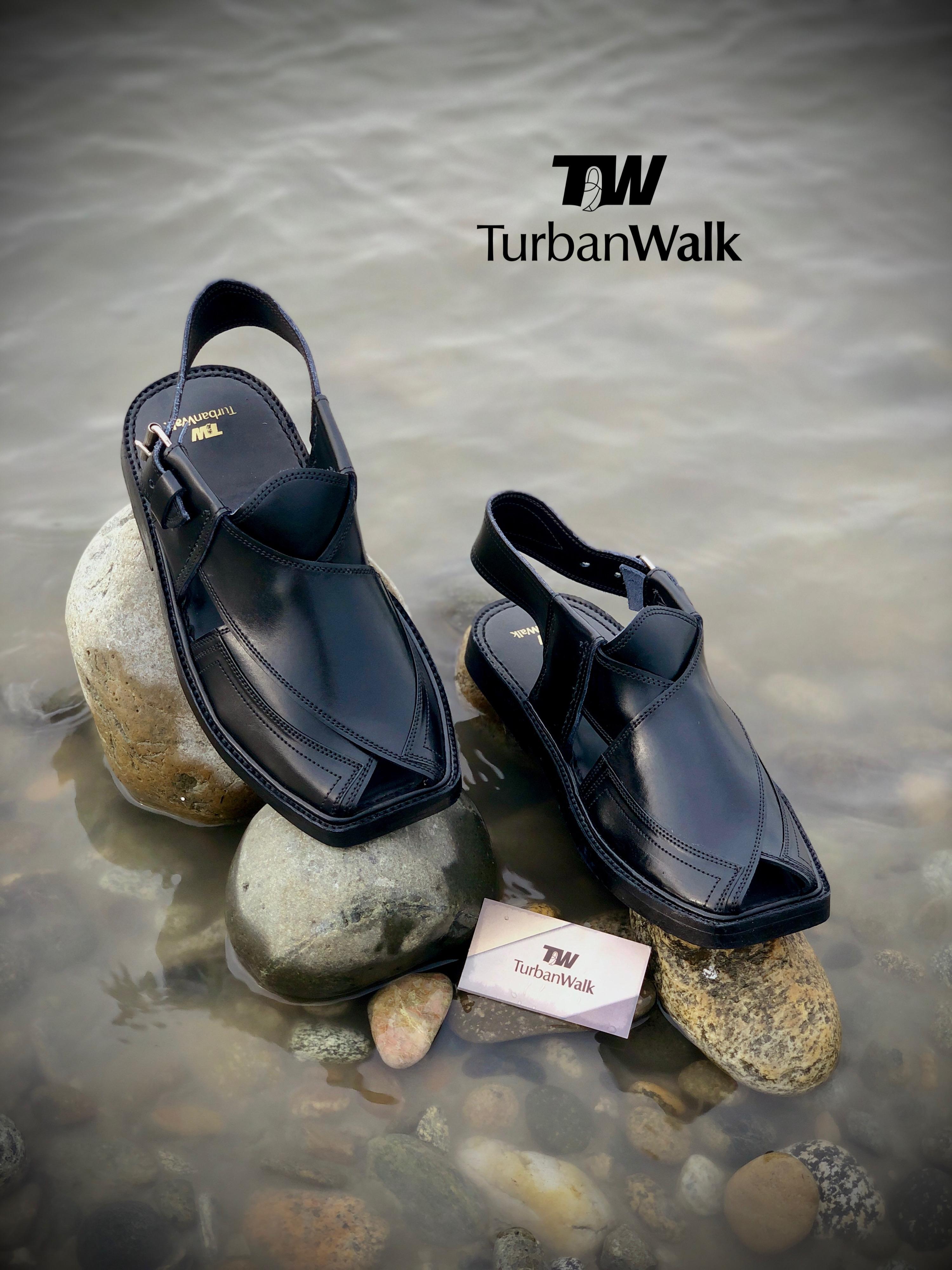 "TurbanWalk Premium Black Leather Peshawari Chappal – Handmade Traditional Footwear" - Brands Kahani