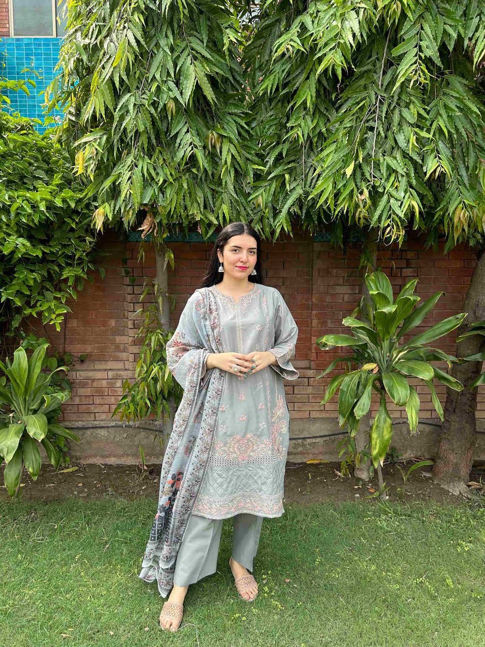 AttirePret: Elegant Stitched 3-Piece - Muted Grey - Brands Kahani