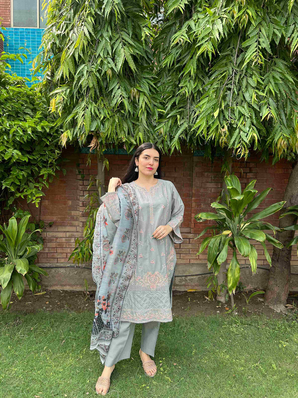 AttirePret: Elegant Stitched 3-Piece - Muted Grey - Brands Kahani