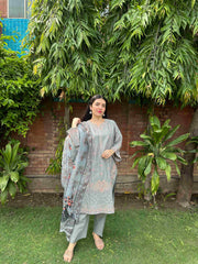 AttirePret: Elegant Stitched 3-Piece - Muted Grey