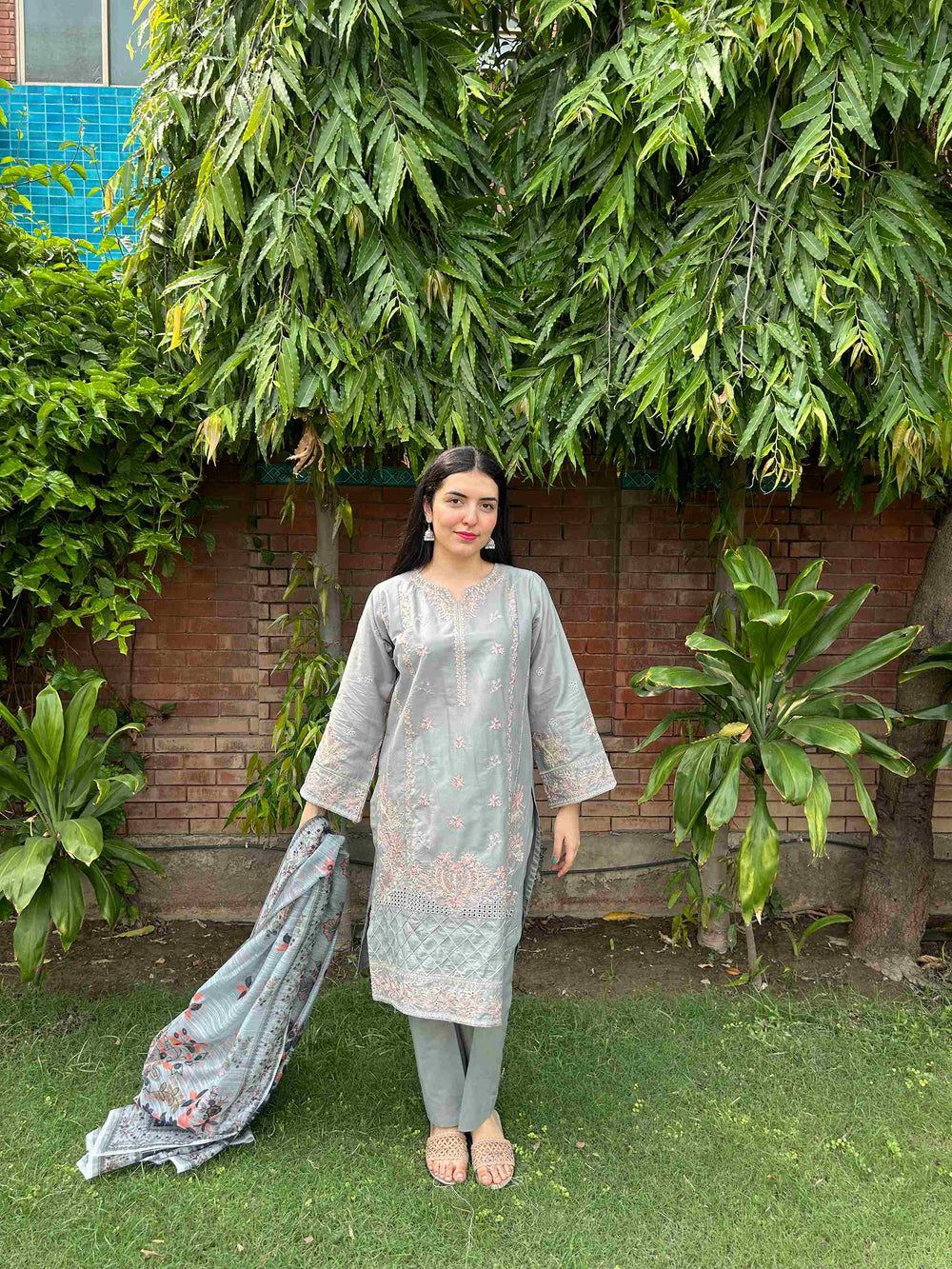AttirePret: Elegant Stitched 3-Piece - Muted Grey - Brands Kahani