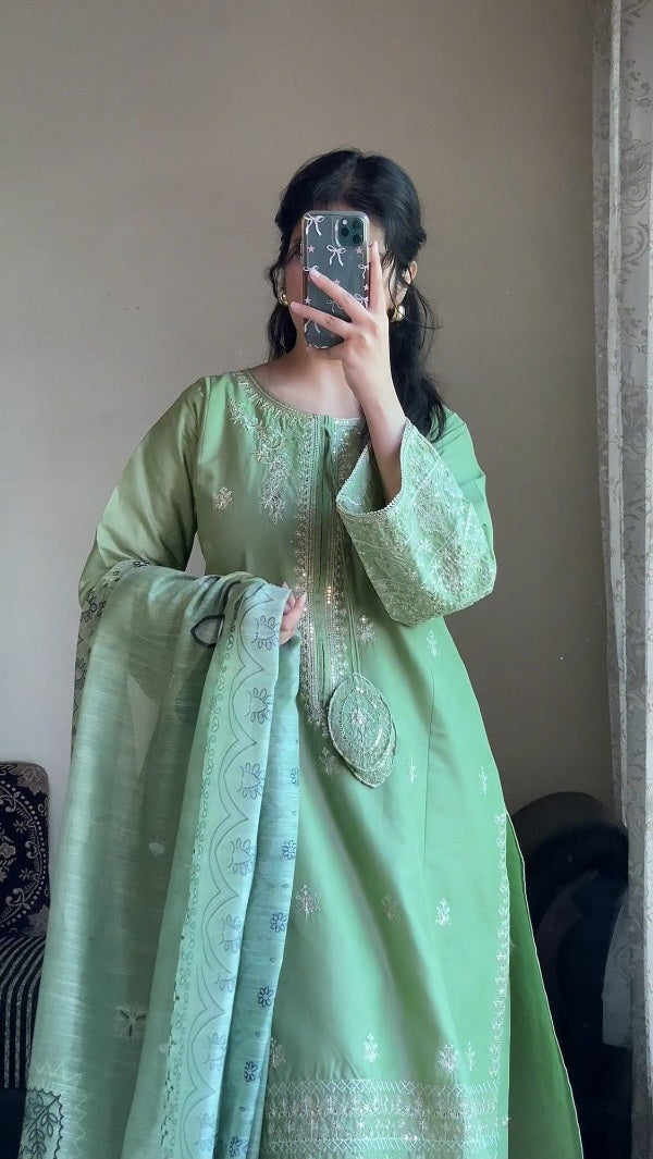 Mint Green 3-Piece Embroidered Cotton Suit – By Attirepret - Brands Kahani