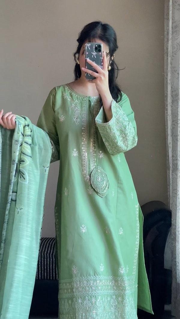 Mint Green 3-Piece Embroidered Cotton Suit – By Attirepret - Brands Kahani