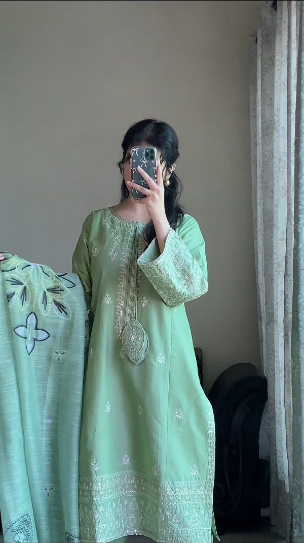 Mint Green 3-Piece Embroidered Cotton Suit – By Attirepret - Brands Kahani