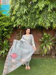 Attirepret: Serene Grey Viscose Embroidered 3-Piece Cotton Suit