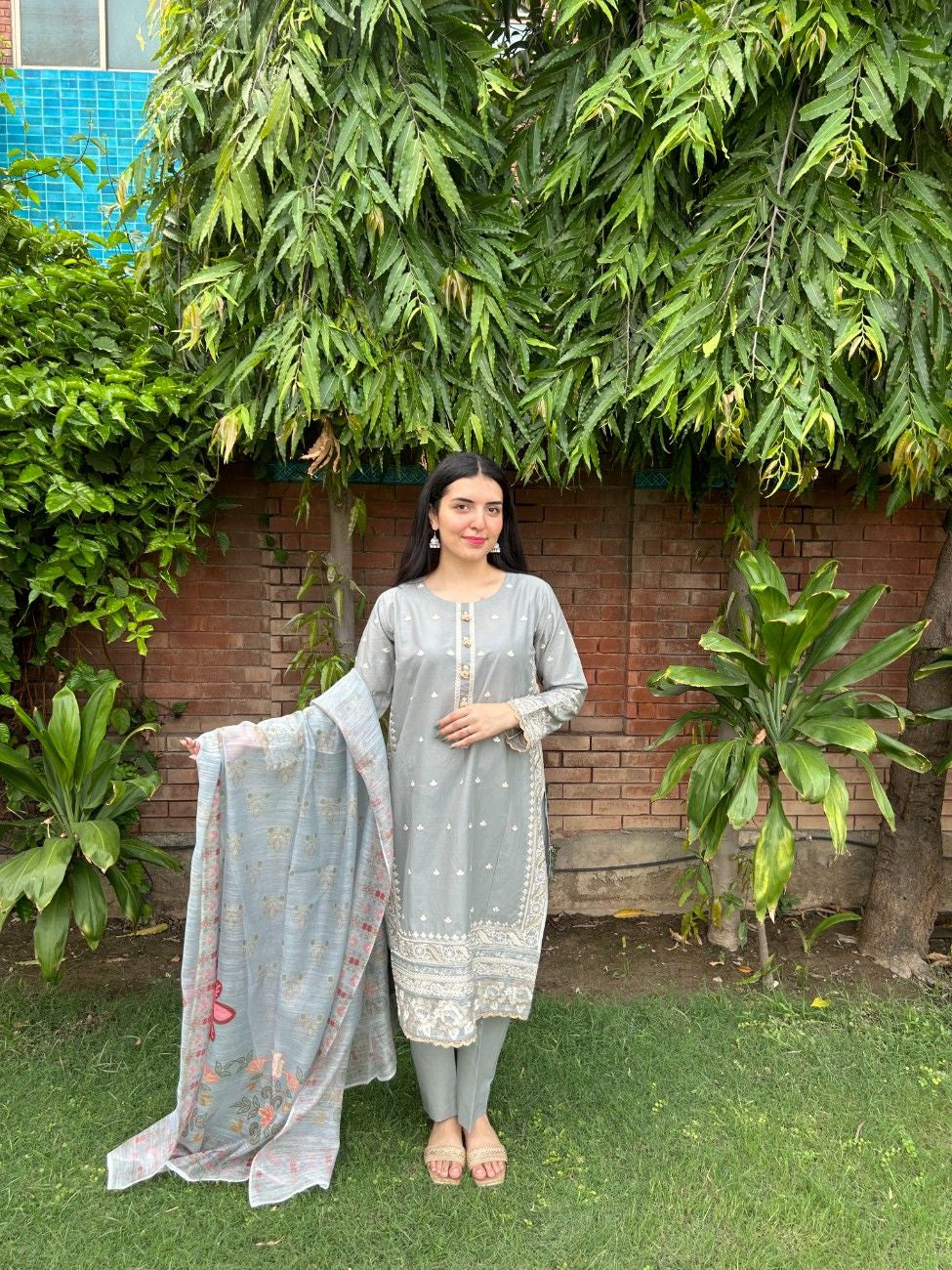 Attirepret: Serene Grey Viscose Embroidered 3-Piece Cotton Suit