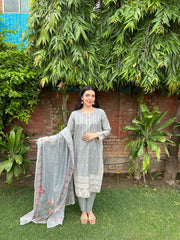 Attirepret: Serene Grey Viscose Embroidered 3-Piece Cotton Suit