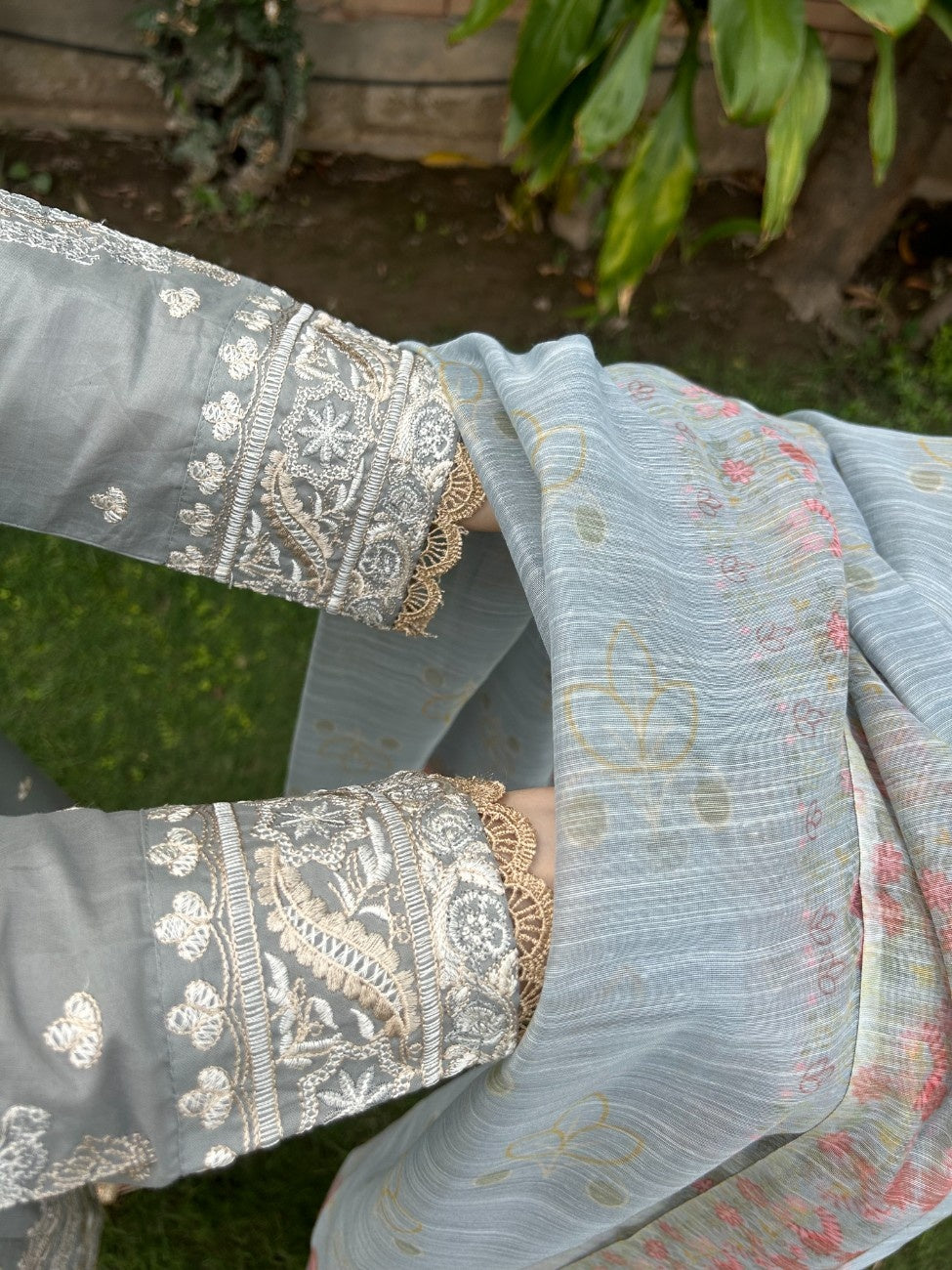 Attirepret: Serene Grey Viscose Embroidered 3-Piece Cotton Suit - Brands Kahani