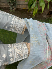 Attirepret: Serene Grey Viscose Embroidered 3-Piece Cotton Suit