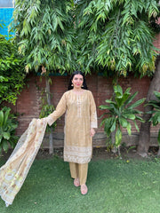 Golden Beige Bloom – Embroidered 3 Piece Cotton Suit by AttirePret