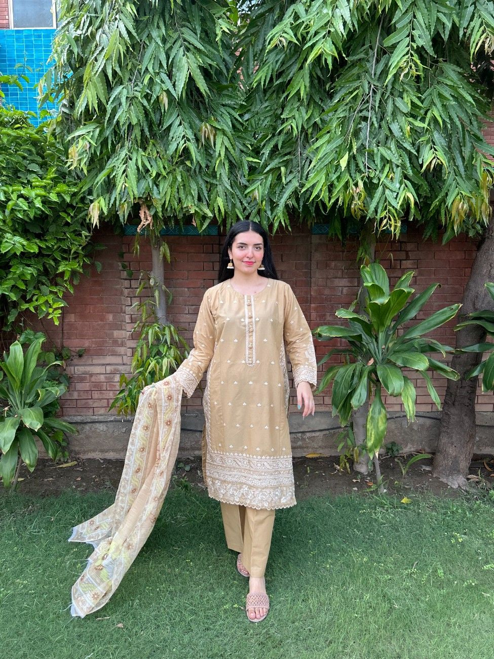 Golden Beige Bloom – Embroidered 3 Piece Cotton Suit by AttirePret - Brands Kahani