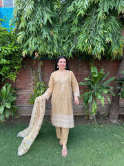 Golden Beige Bloom – Embroidered 3 Piece Cotton Suit by AttirePret
