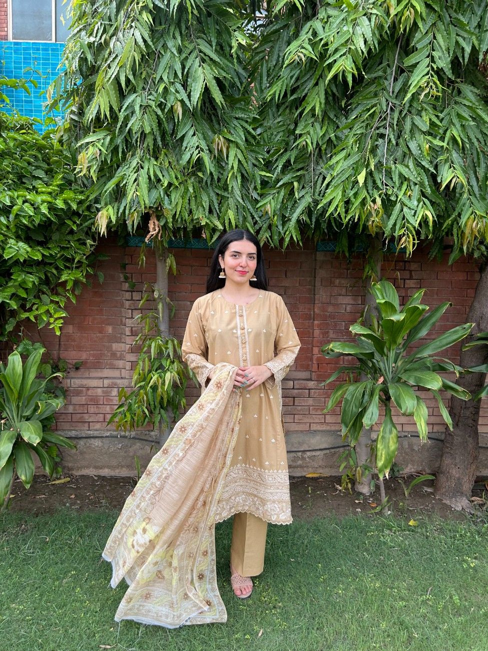 Golden Beige Bloom – Embroidered 3 Piece Cotton Suit by AttirePret - Brands Kahani