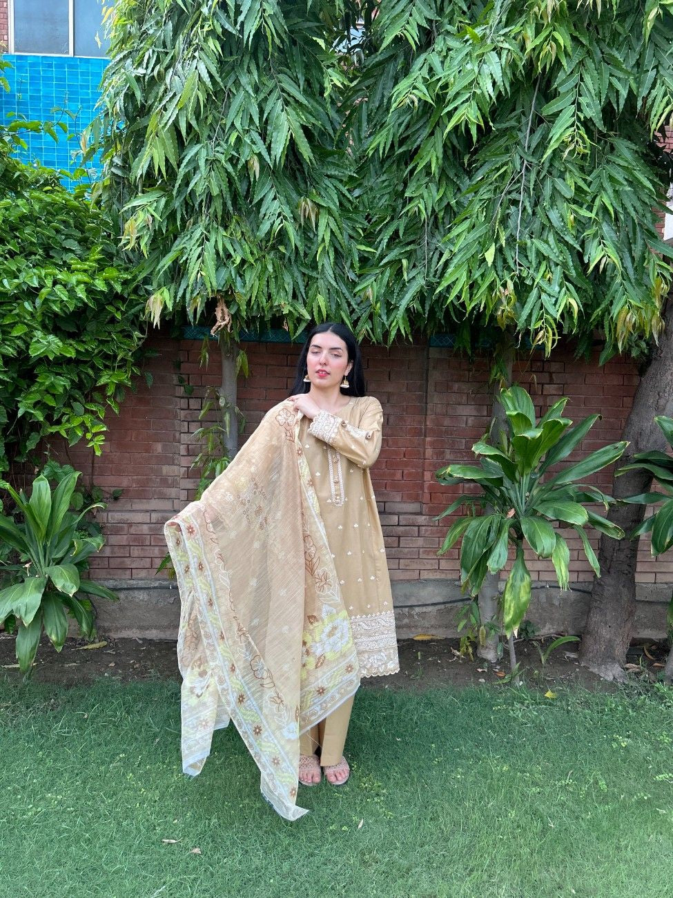 Golden Beige Bloom – Embroidered 3 Piece Cotton Suit by AttirePret