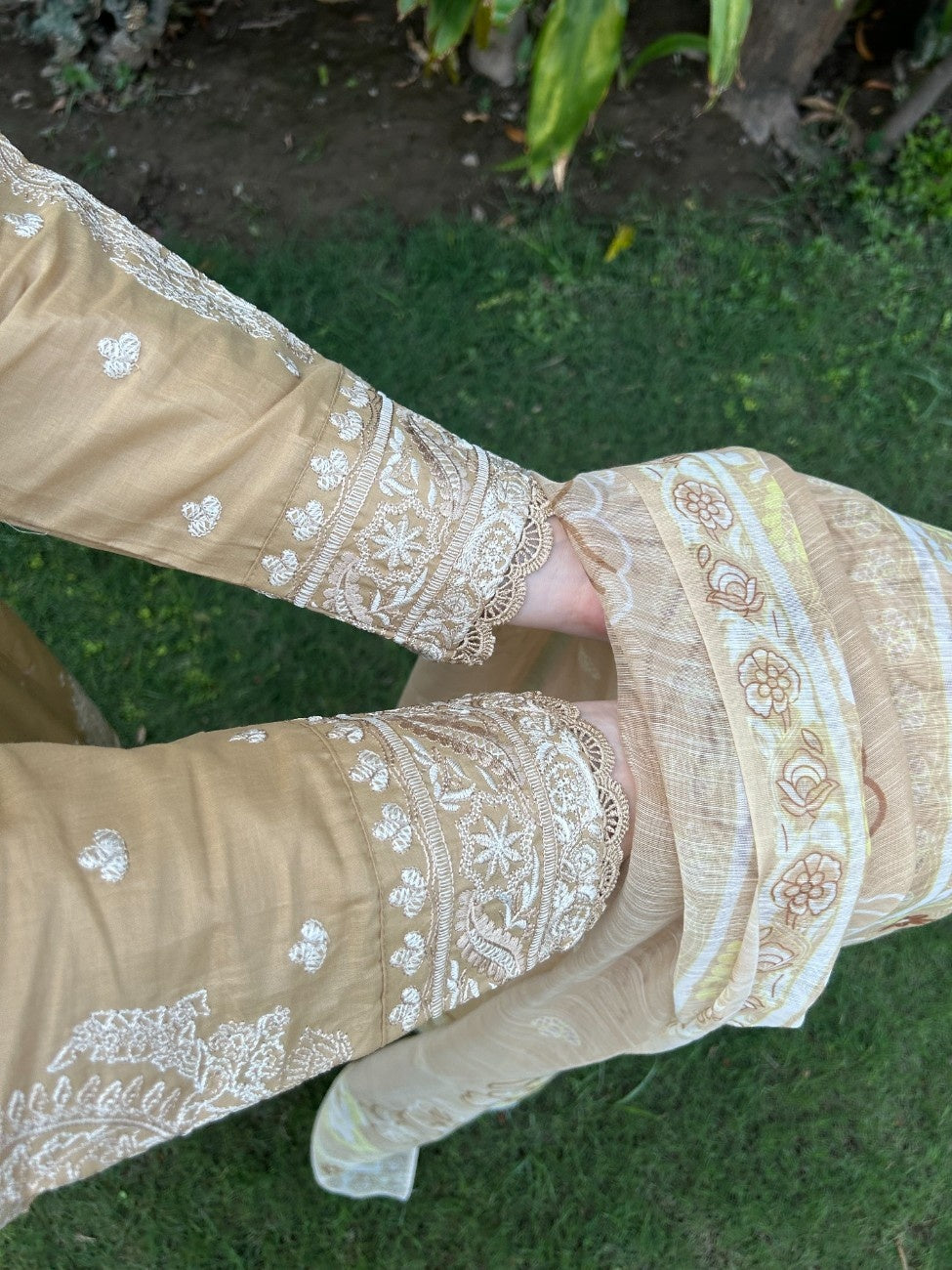 Golden Beige Bloom – Embroidered 3 Piece Cotton Suit by AttirePret - Brands Kahani