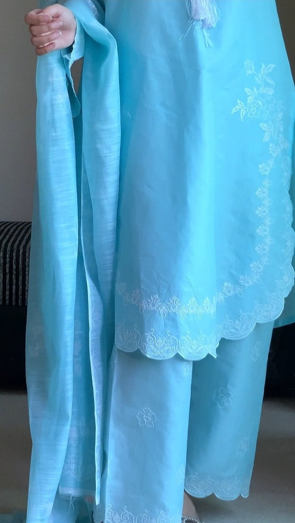 Attirepret Sky Blue Cotton 3-Piece Suit | Summer Essential - Brands Kahani
