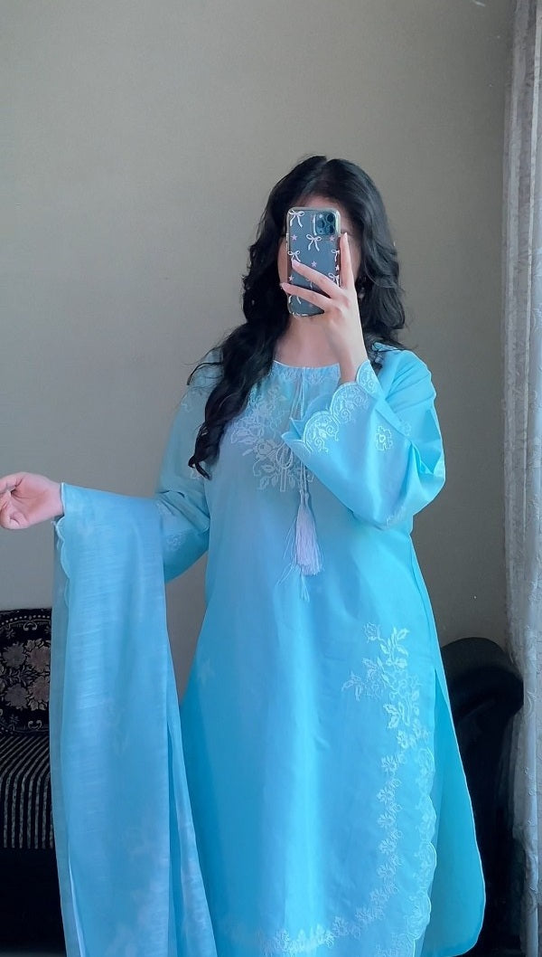 Attirepret Sky Blue Cotton 3-Piece Suit | Summer Essential - Brands Kahani