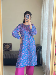 Blue Floral Cambric Suit with Magenta Trouser