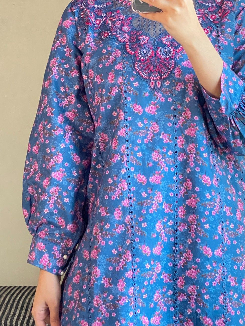 Blue Floral Cambric Suit with Magenta Trouser - Brands Kahani
