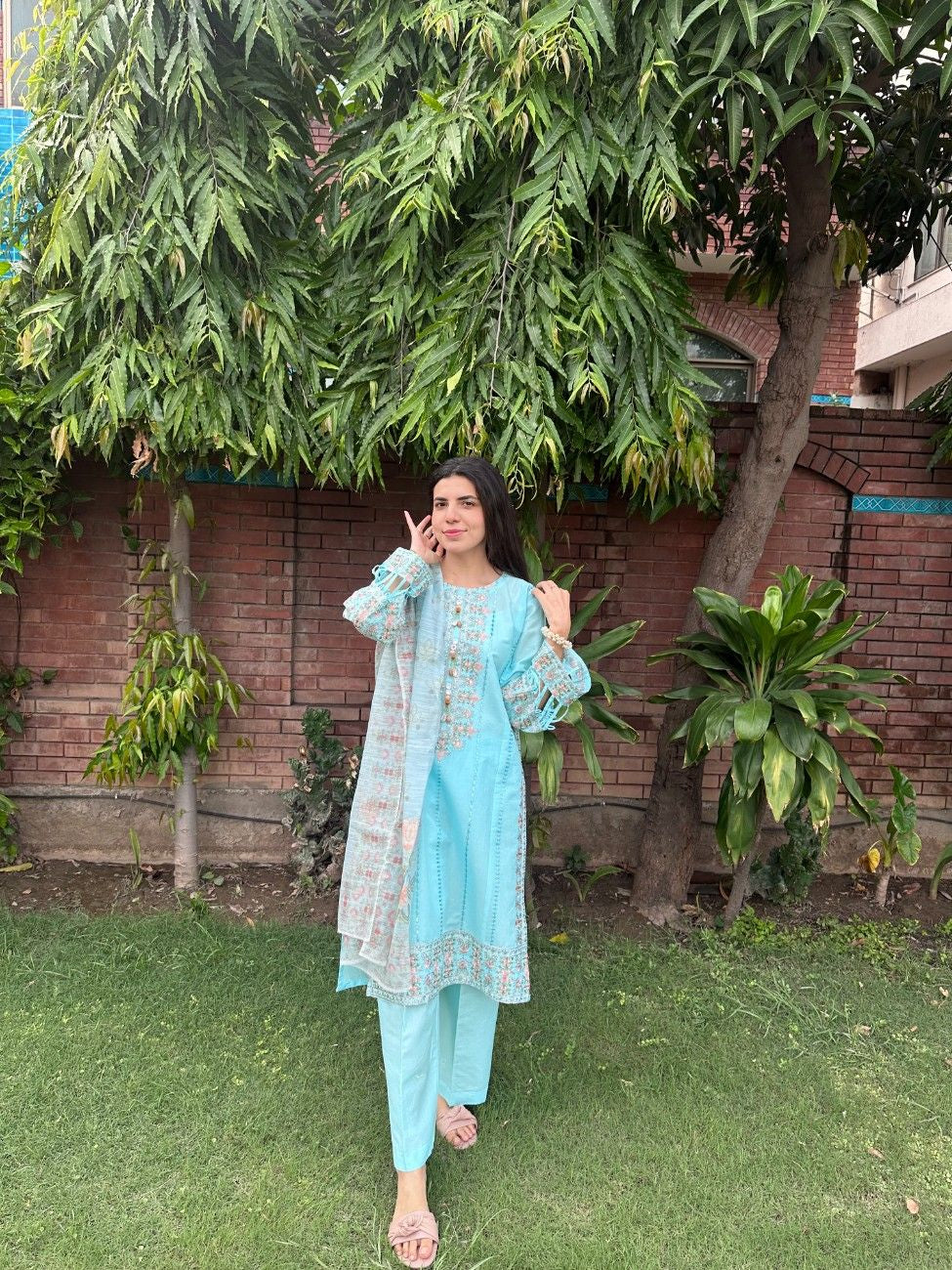 Enchanting Sky Blue Embroidered Suit - ATTIREPRET - Brands Kahani