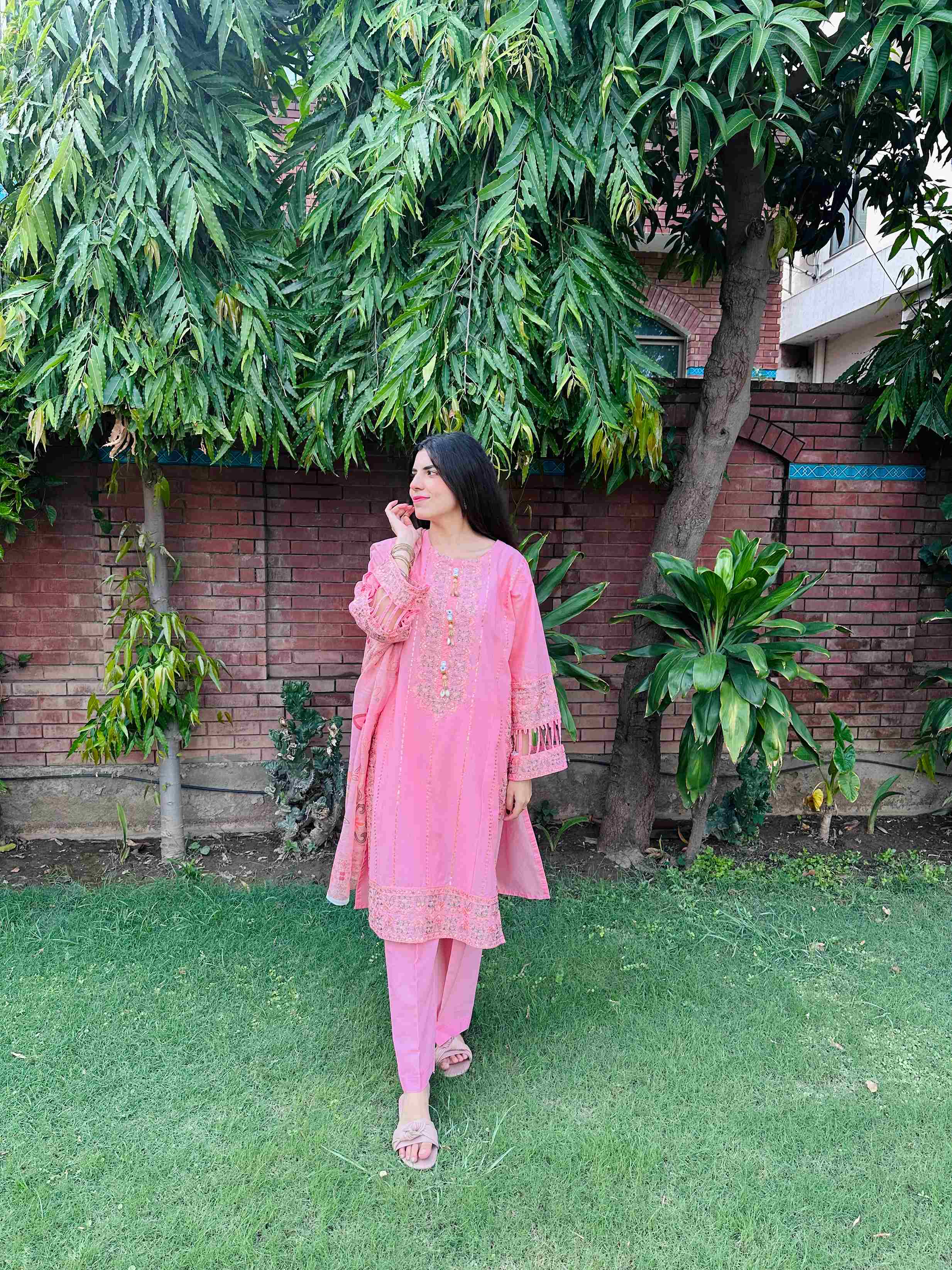 Attirepret - Charming Pink Ready-to-Wear Cotton 3-Piece Suit