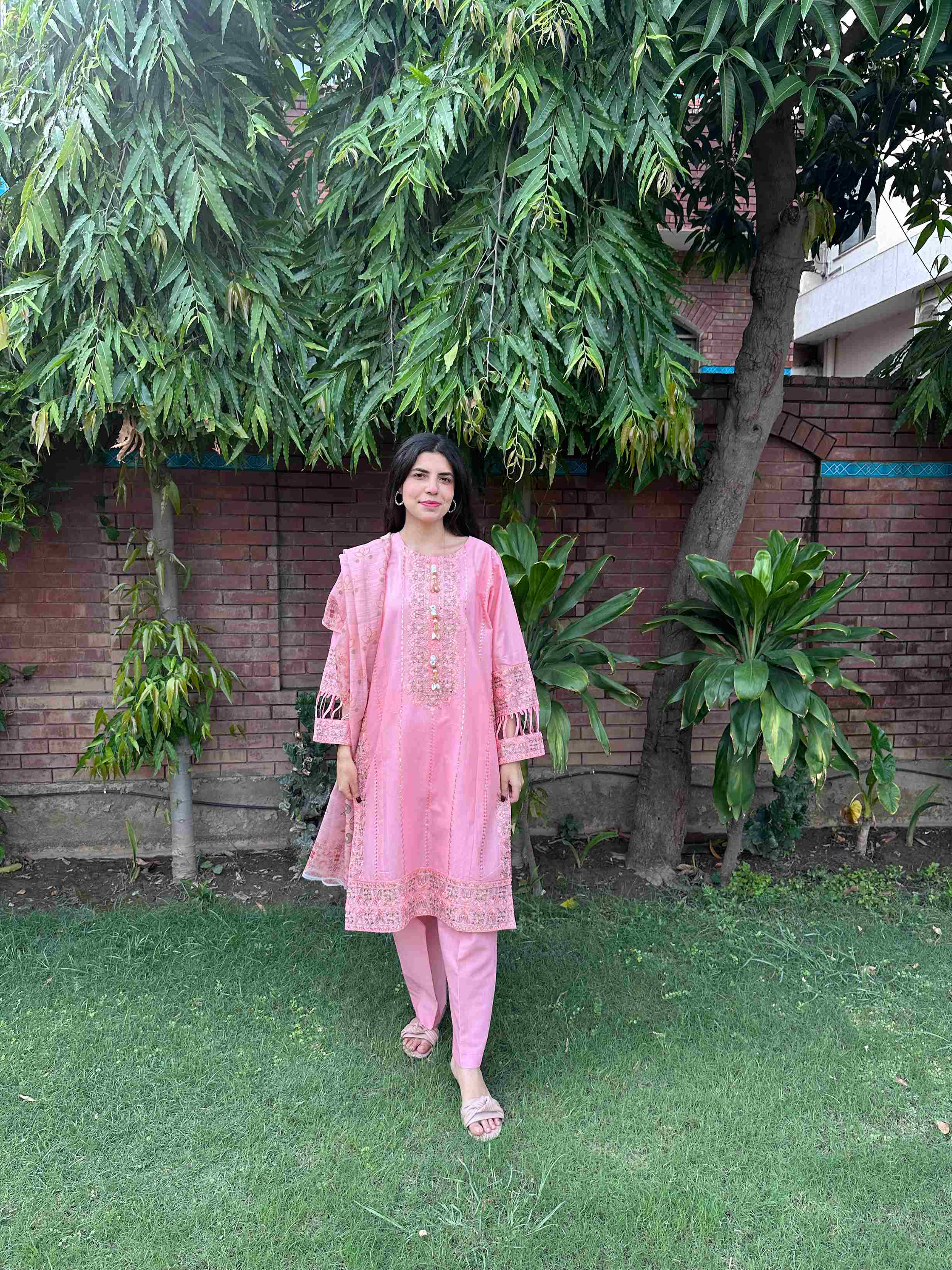 Attirepret - Charming Pink Ready-to-Wear Cotton 3-Piece Suit
