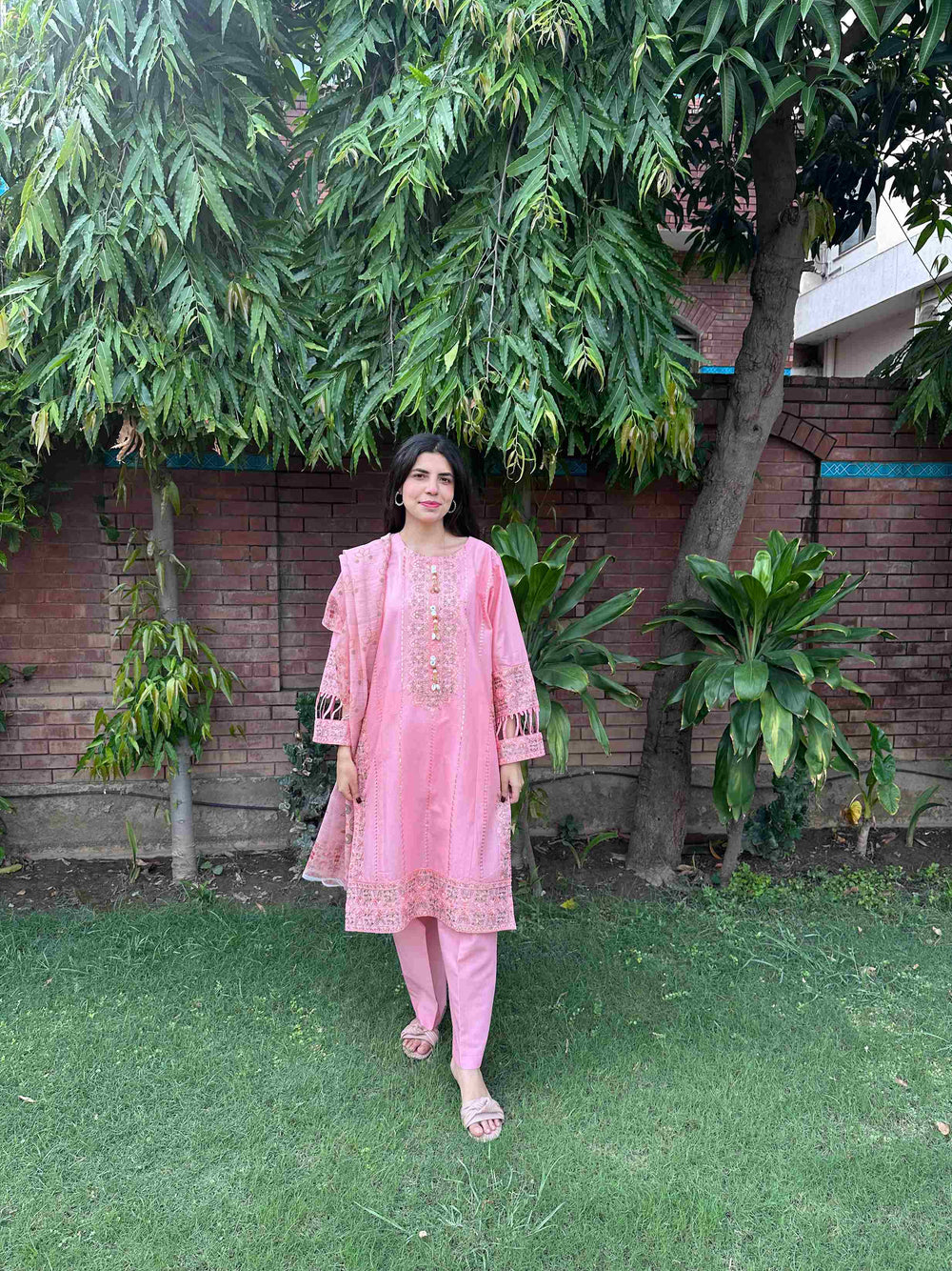 Attirepret - Charming Pink Ready-to-Wear Cotton 3-Piece Suit - Brands Kahani