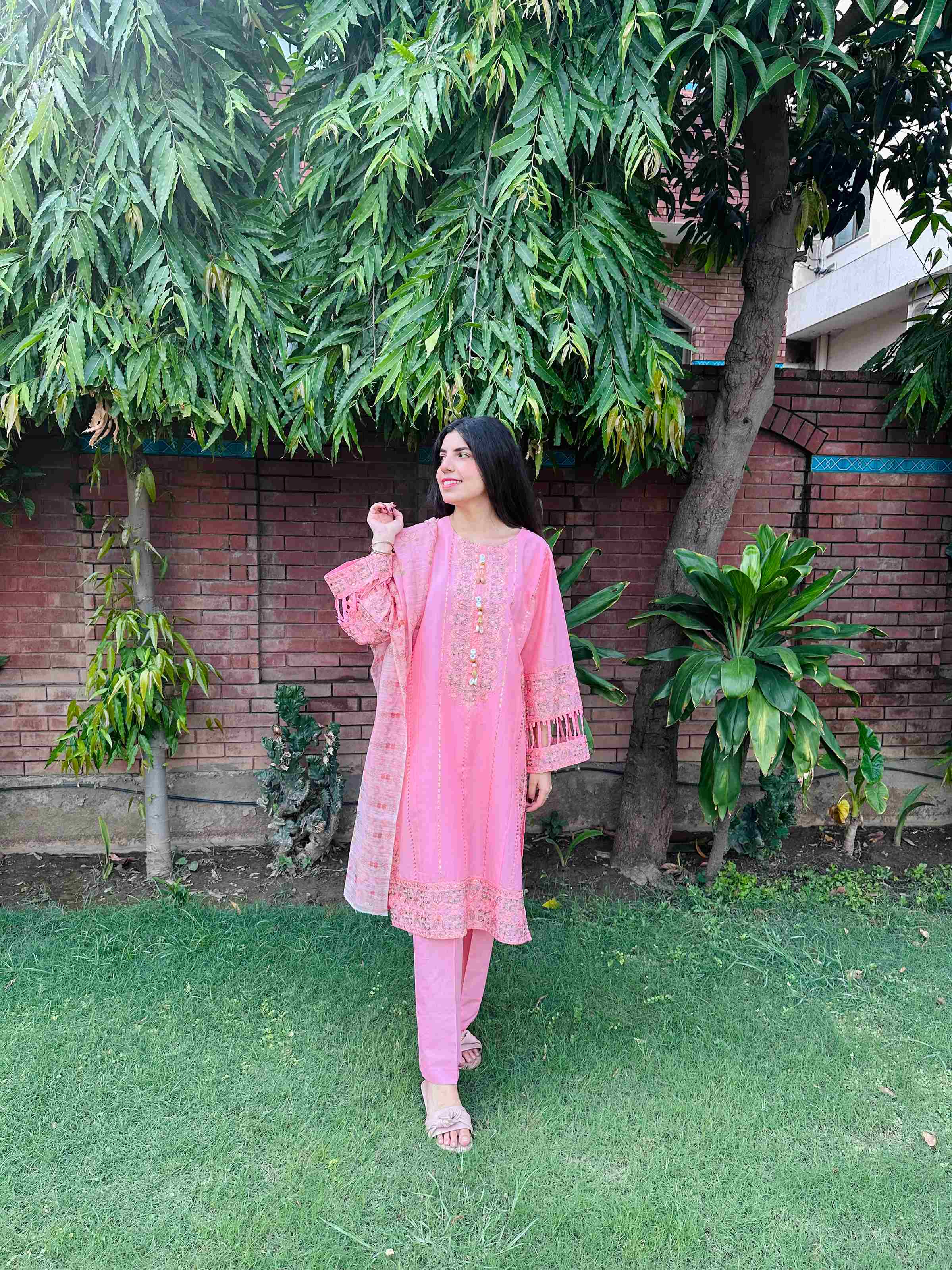 Attirepret - Charming Pink Ready-to-Wear Cotton 3-Piece Suit