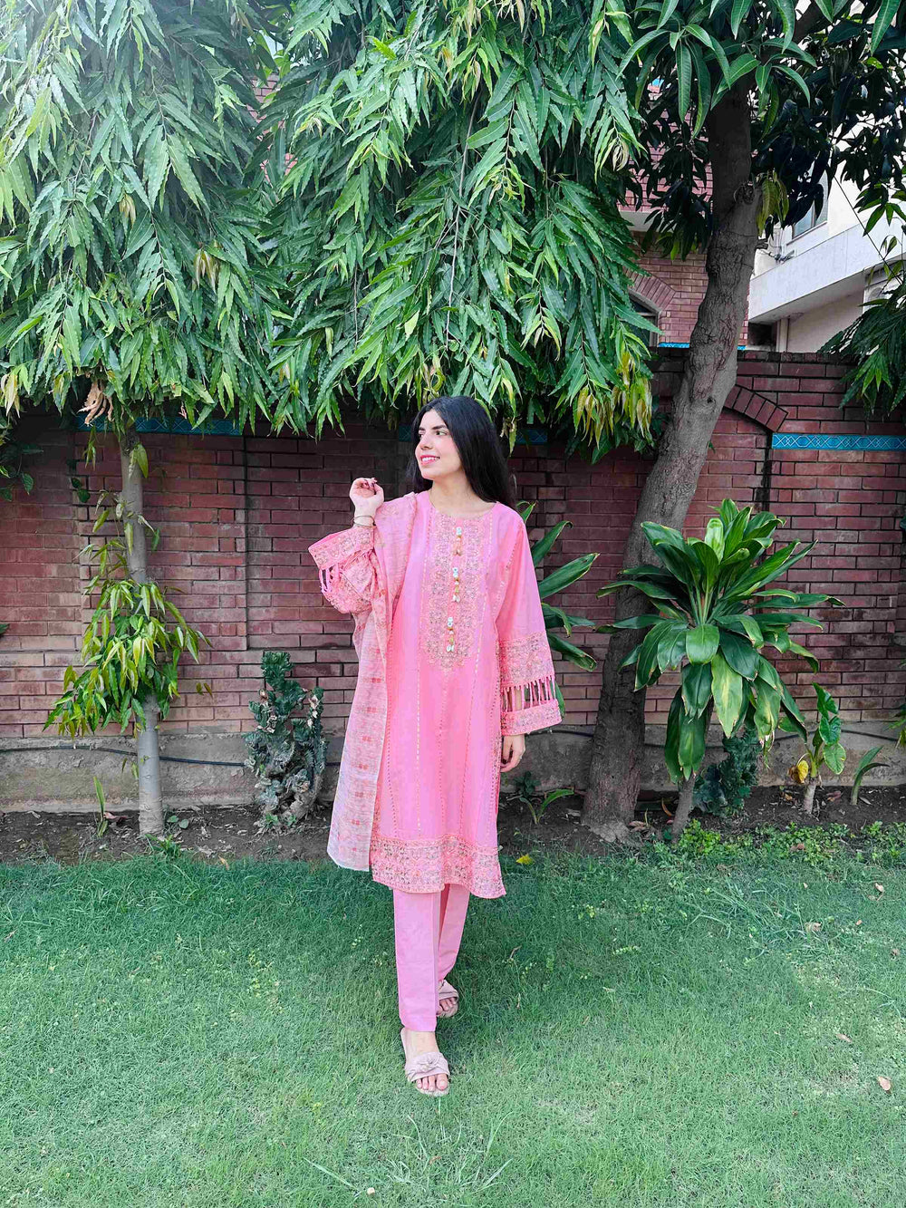 Attirepret - Charming Pink Ready-to-Wear Cotton 3-Piece Suit - Brands Kahani