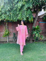 Attirepret - Charming Pink Ready-to-Wear Cotton 3-Piece Suit