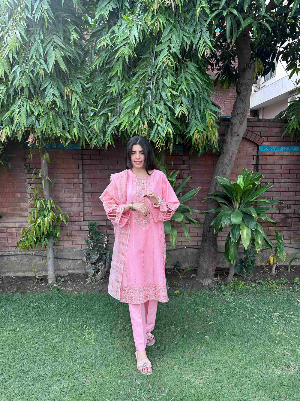 Attirepret - Charming Pink Ready-to-Wear Cotton 3-Piece Suit - Brands Kahani
