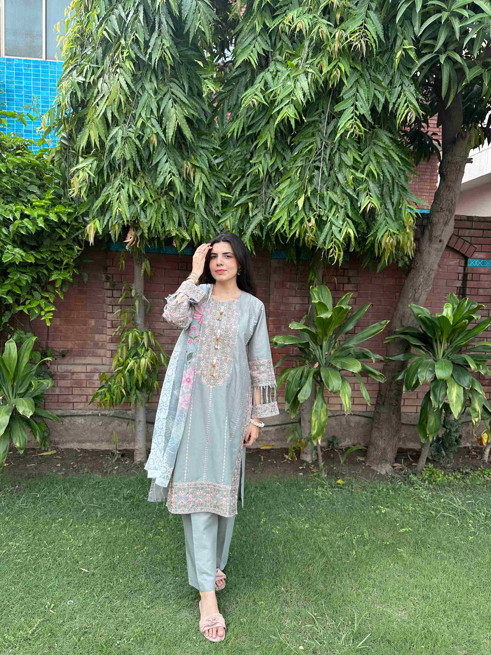Attirepret - Serene Grey Ready-to-Wear Cotton 3-Piece Suit - Brands Kahani
