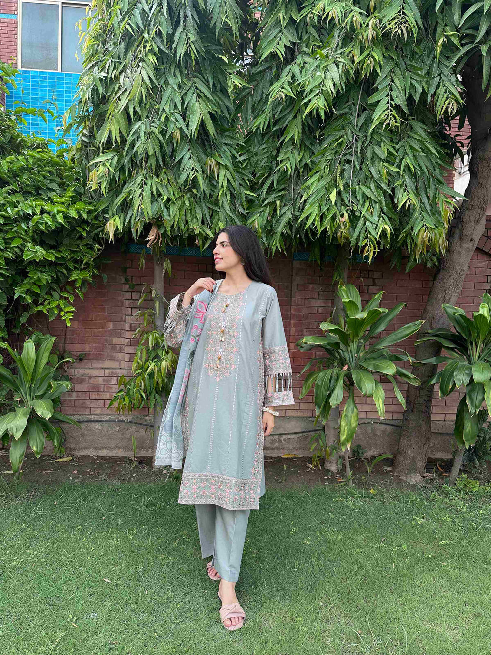 Attirepret - Serene Grey Ready-to-Wear Cotton 3-Piece Suit - Brands Kahani