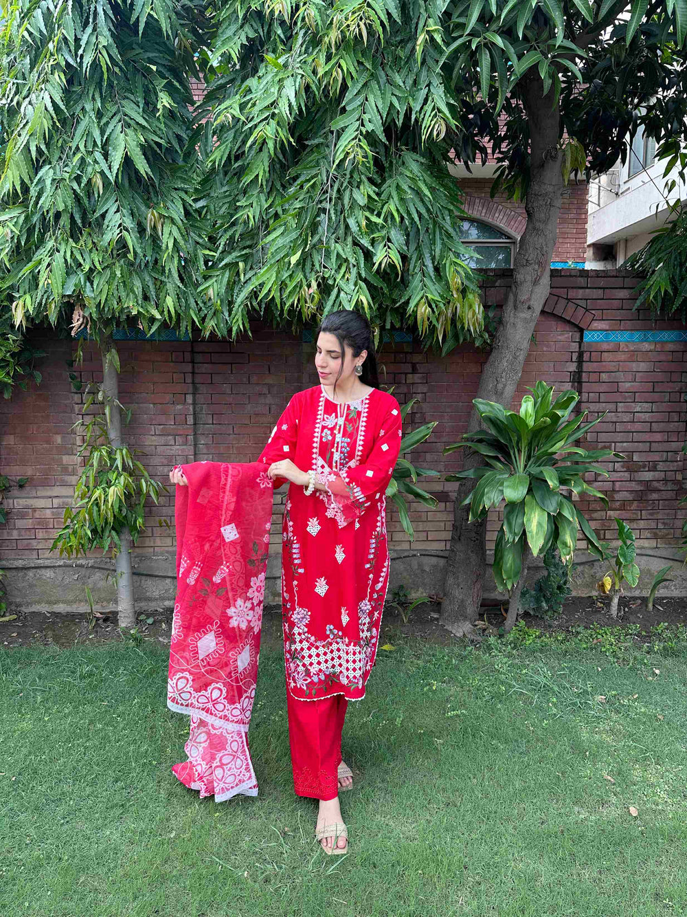 Radiant Red Embroidered 3-Piece Cotton Suit by AttirePret - Brands Kahani