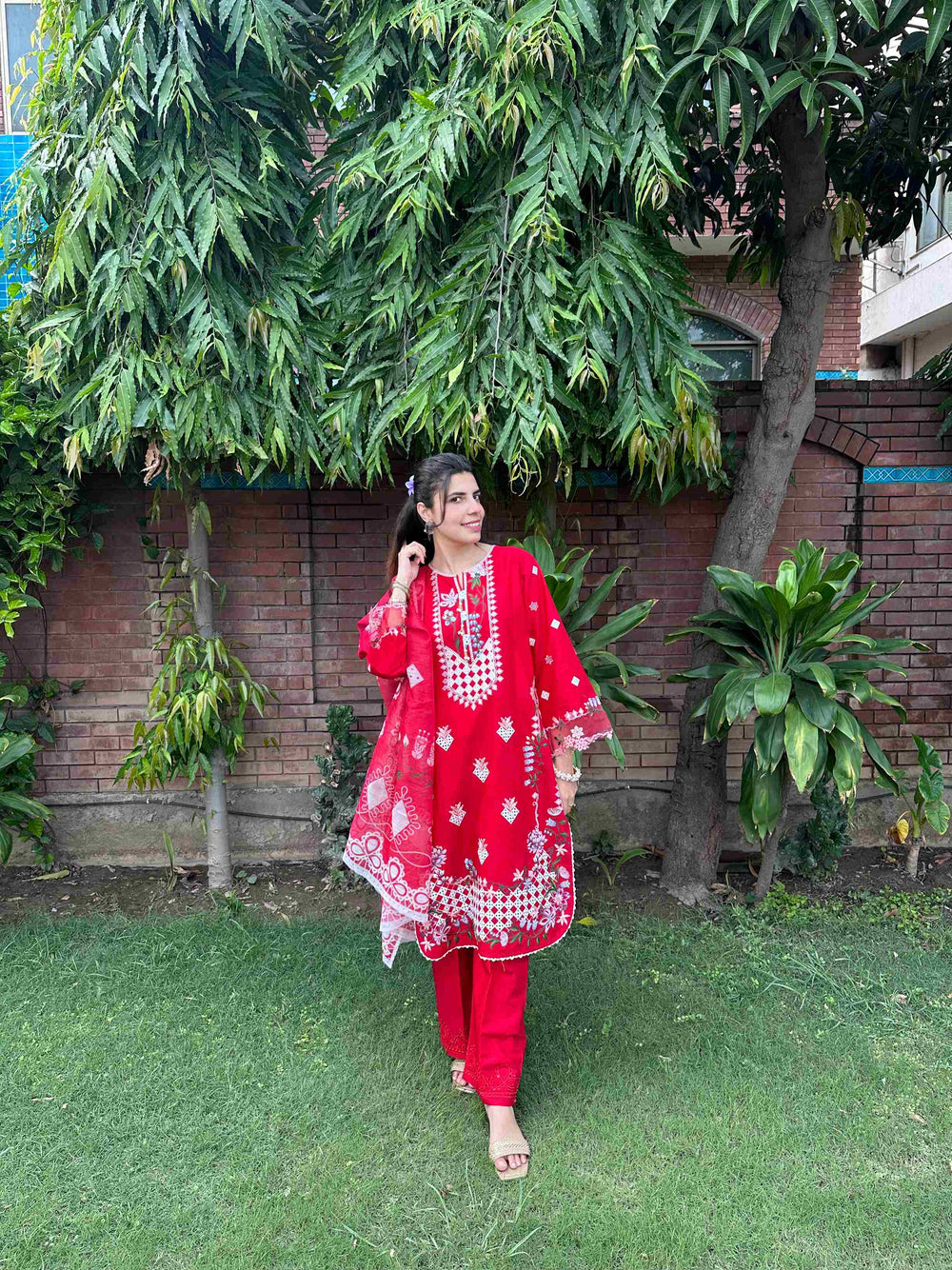 Radiant Red Embroidered 3-Piece Cotton Suit by AttirePret - Brands Kahani