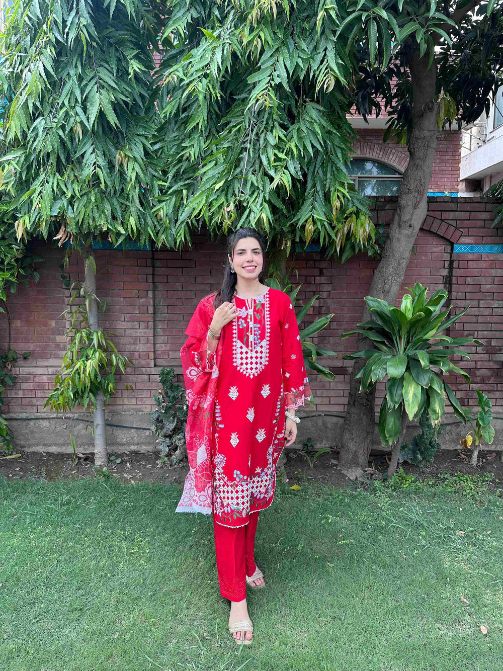 Radiant Red Embroidered 3-Piece Cotton Suit by AttirePret - Brands Kahani