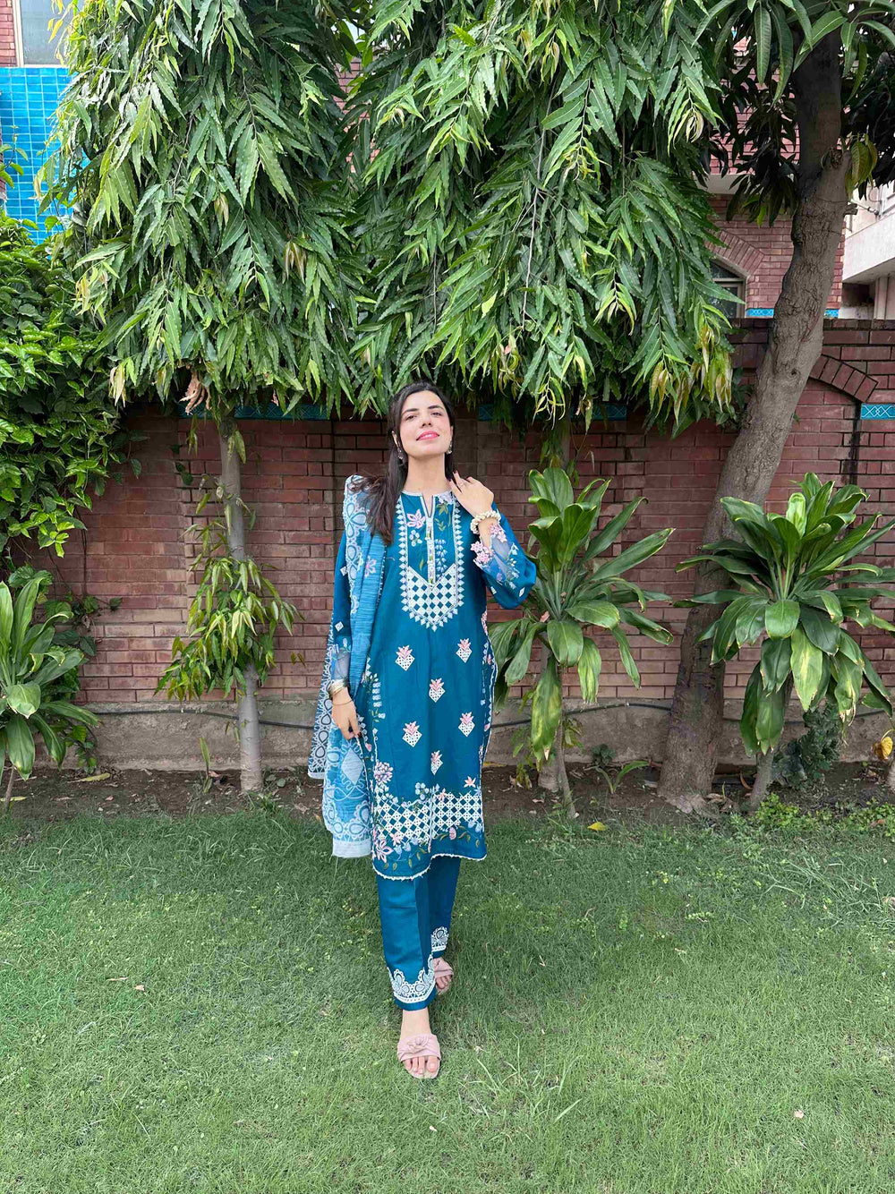 Teal Blue Embroidered 3-Piece Cotton Suit by AttirePret - Brands Kahani