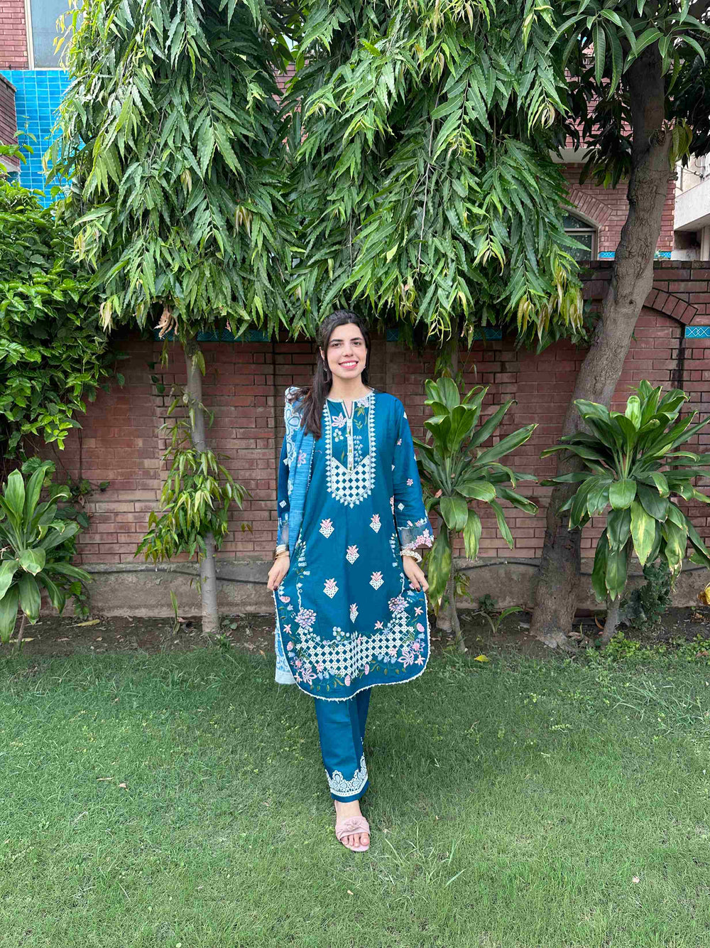 Teal Blue Embroidered 3-Piece Cotton Suit by AttirePret - Brands Kahani