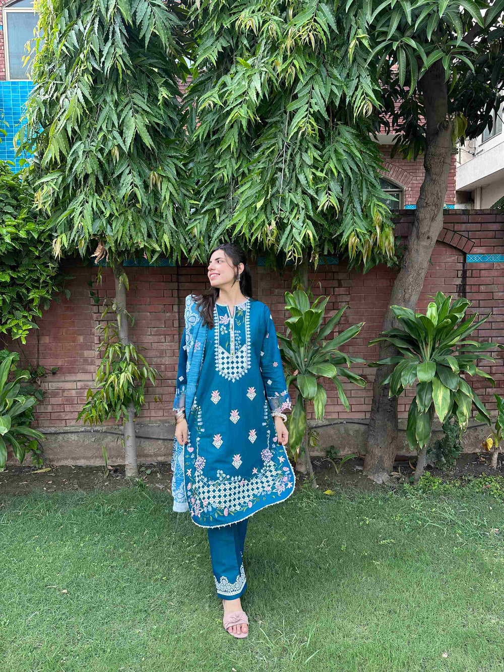 Teal Blue Embroidered 3-Piece Cotton Suit by AttirePret - Brands Kahani