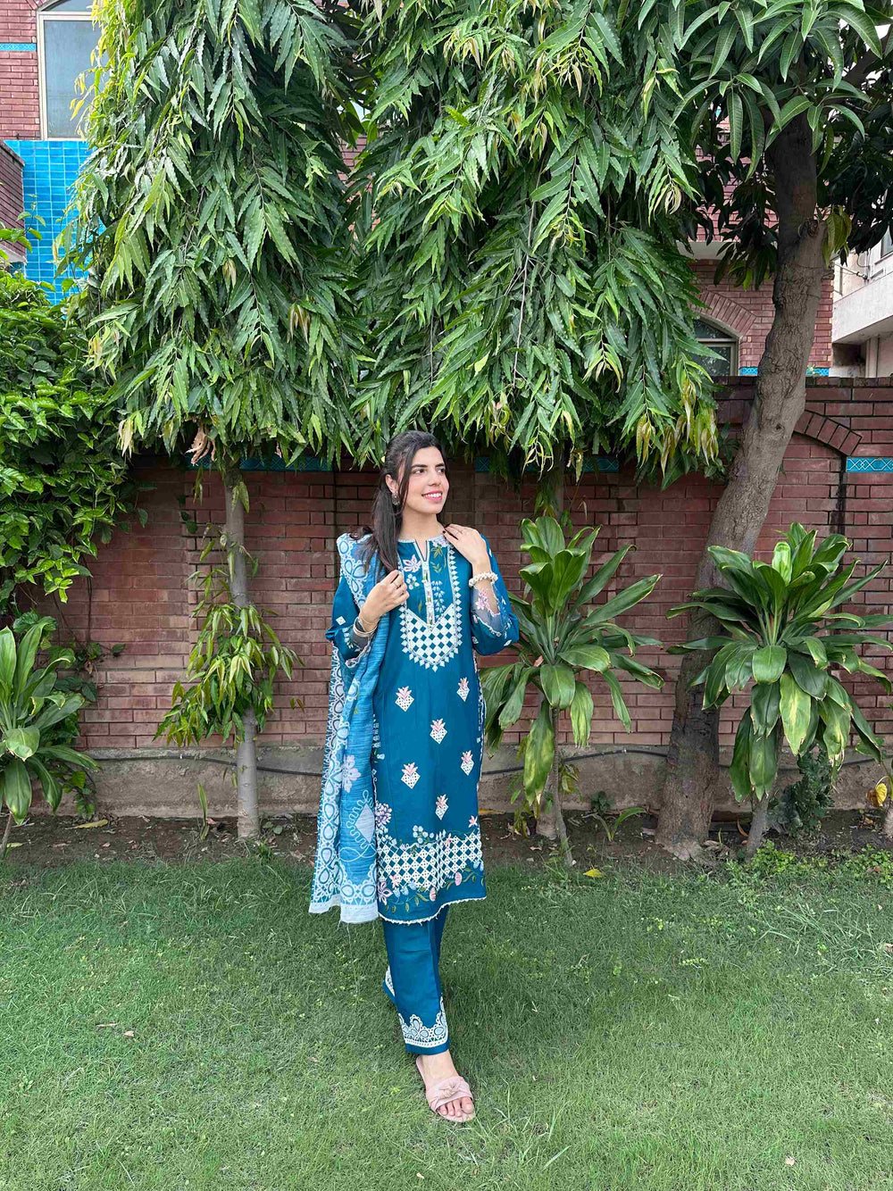 Teal Blue Embroidered 3-Piece Cotton Suit by AttirePret - Brands Kahani