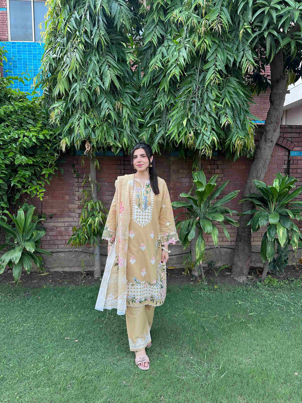 Attirepret - Exquisite Embroidered Cotton 3-Piece Suit - Brands Kahani