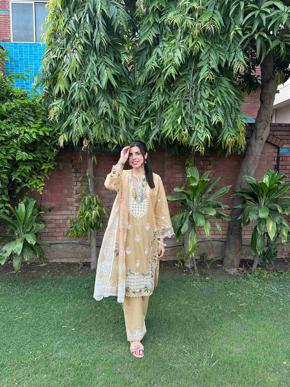 Attirepret - Exquisite Embroidered Cotton 3-Piece Suit - Brands Kahani