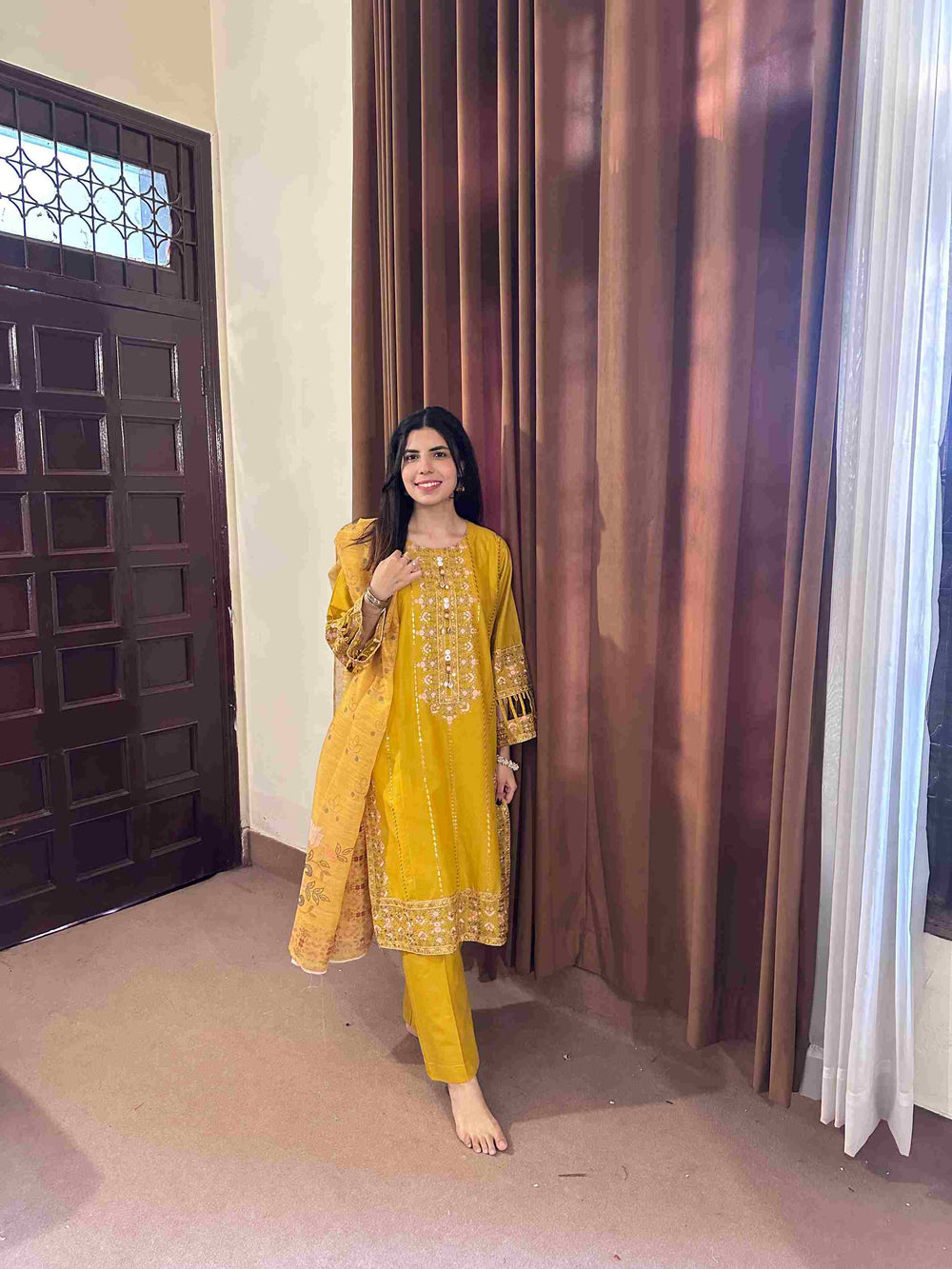 Attirepret - Radiant Yellow Cotton 3-Piece Suit - Brands Kahani