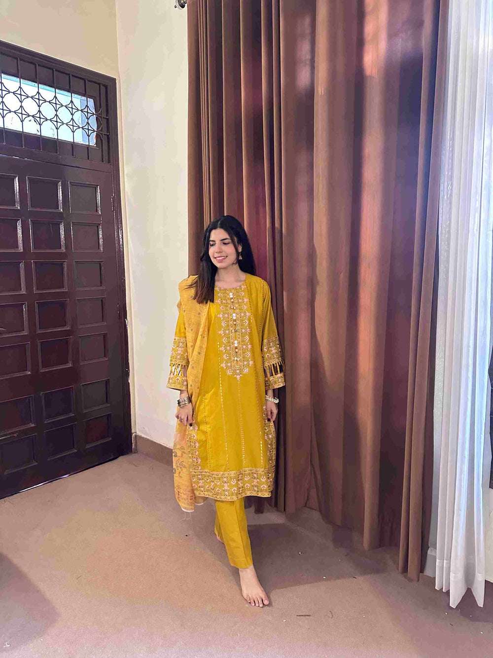 Attirepret - Radiant Yellow Cotton 3-Piece Suit - Brands Kahani