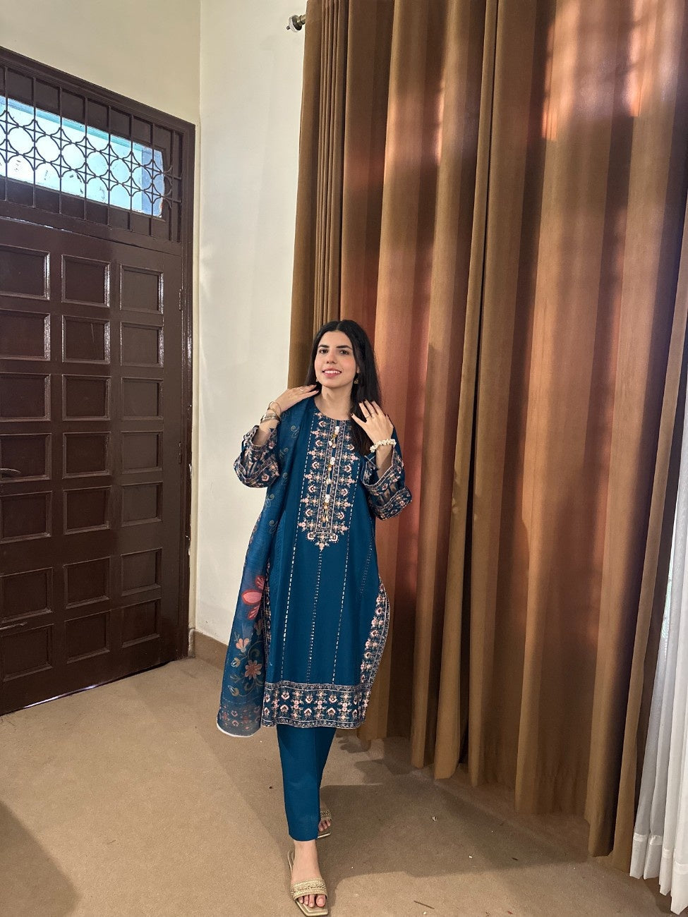 Attirepret - Majestic Teal Ready-to-Wear Cotton 3-Piece Suit - Brands Kahani
