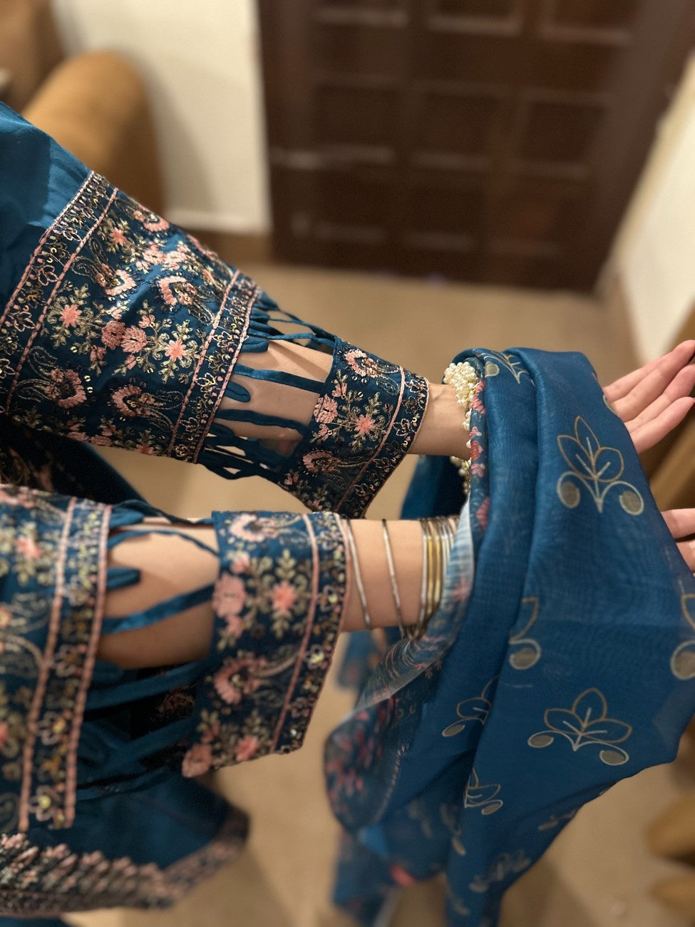 Attirepret - Majestic Teal Ready-to-Wear Cotton 3-Piece Suit - Brands Kahani