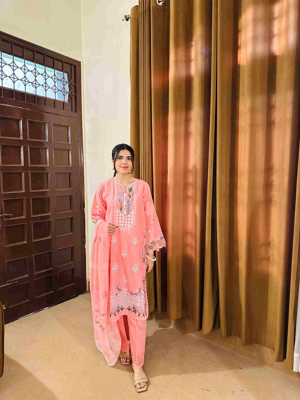Attirepret Soft Pink 3-Piece Cotton Embroidered - Brands Kahani