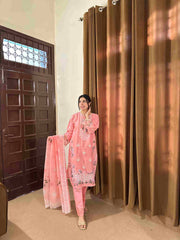 Attirepret Soft Pink 3-Piece Cotton Embroidered