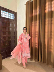 Attirepret Soft Pink 3-Piece Cotton Embroidered