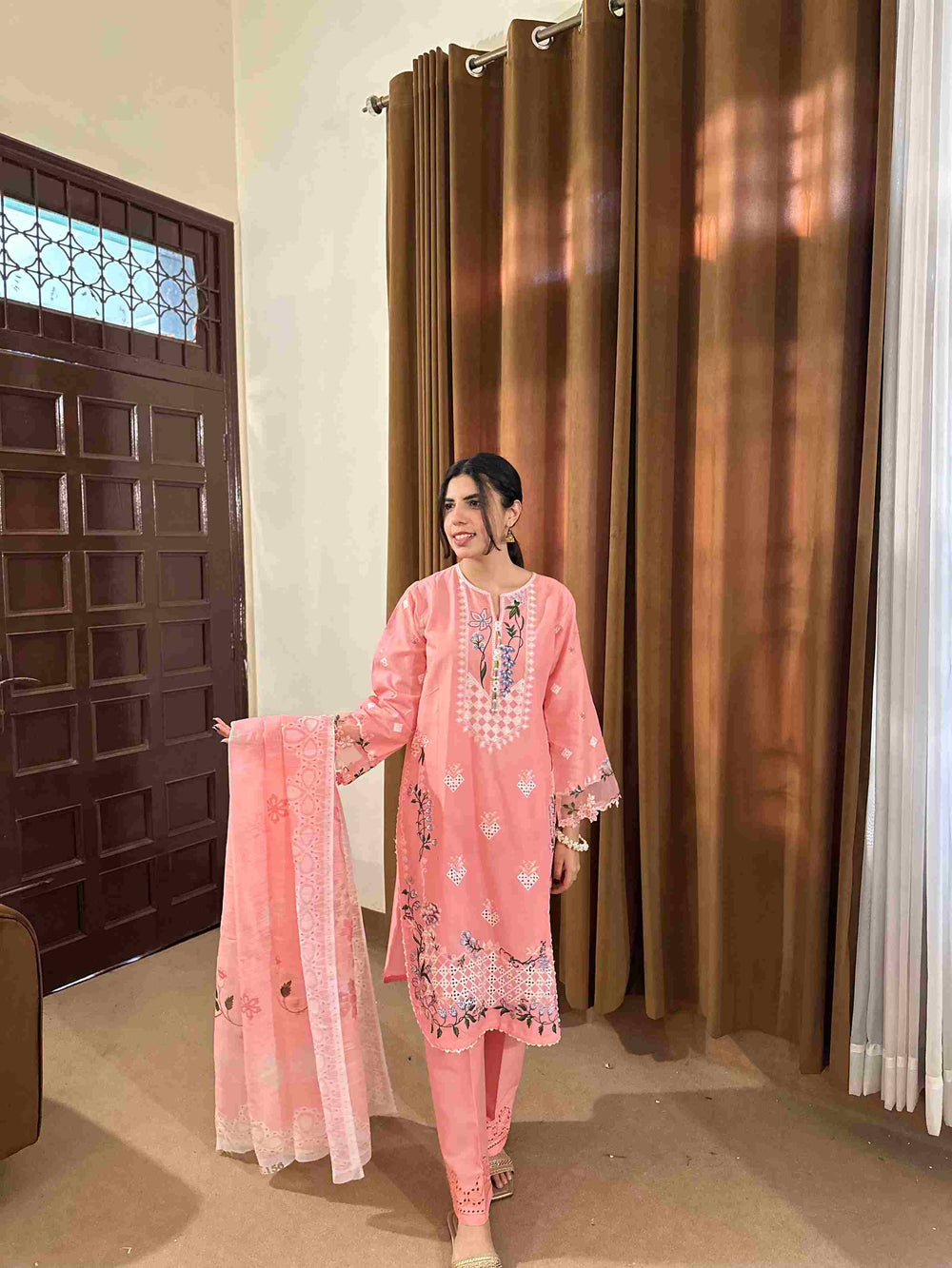 Attirepret Soft Pink 3-Piece Cotton Embroidered - Brands Kahani